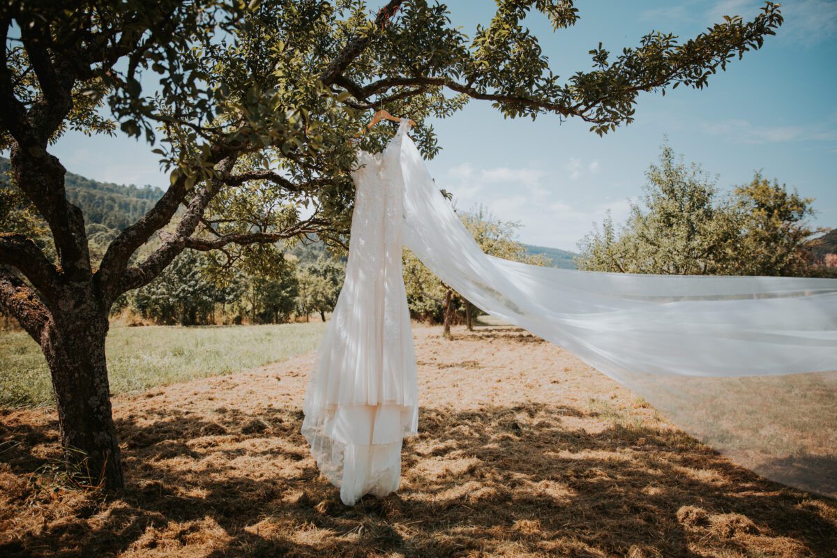 Ein fließendes Brautkleid hängt zart von einem Ast in einem sonnenbeschienenen Obstgarten, festgehalten in einer wunderschönen Fotografie. Das Kleid hat einen langen, fließenden Schleier, der sanft herabfällt und einen Kontrast zu den grünen Blättern und der Landschaft im Hintergrund bildet. Die Szene strahlt friedlichen, rustikalen Charme unter einem klaren blauen Himmel aus. - Elis Wedding - Hochzeitsfotograf Frankfurt
