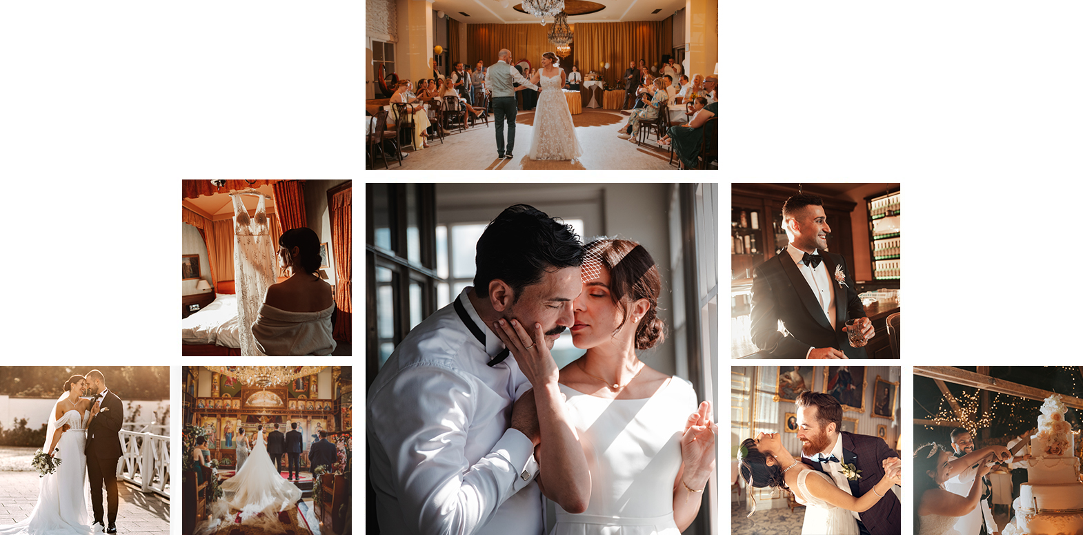 Eine Collage aus Hochzeitsfotos mit verschiedenen Momenten: das Paar tanzt in einem Bankettsaal, die Braut bewundert ihr Kleid, der Bräutigam bereitet sich vor, eine Zeremonie im Freien, emotionale Nahaufnahmen und lustige Momente der Feier. Zu den Hauptthemen gehören Freude, Romantik und Feiern. - Elis Wedding - Hochzeitsfotograf Frankfurt